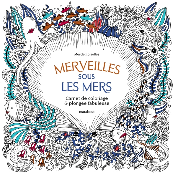 Under the sea black and white drawing, livre à colorier Merveille sous les Mers, dessins Aurélie Castex